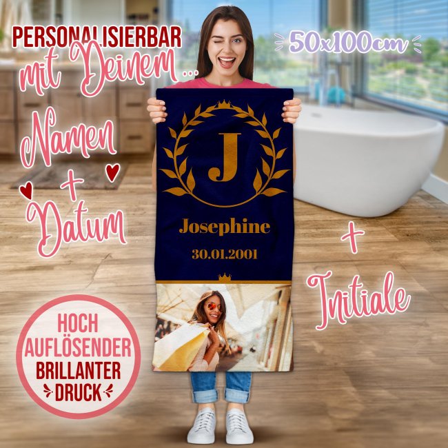 Handtuch personalisieren - mit Foto, Name, Datum und Initiale - Hochformat 100 x 50 cm, blau