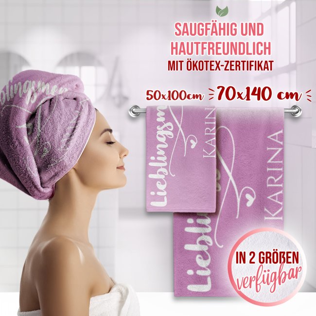 Handtuch personalisieren - Lieblingsmensch - mit Name - Hochformat, 140 x 70 cm, rosa