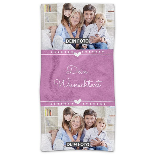 Handtuch bedrucken - Herz - mit 2 Fotos und Text - Hochformat, 100 x 50 cm, rosa