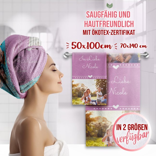 Handtuch bedrucken - Herz - mit 2 Fotos und Text - Hochformat, 100 x 50 cm, rosa