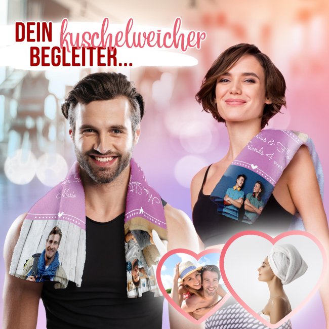 Handtuch bedrucken - Herz - mit 2 Fotos und Text - Hochformat, 100 x 50 cm, rosa