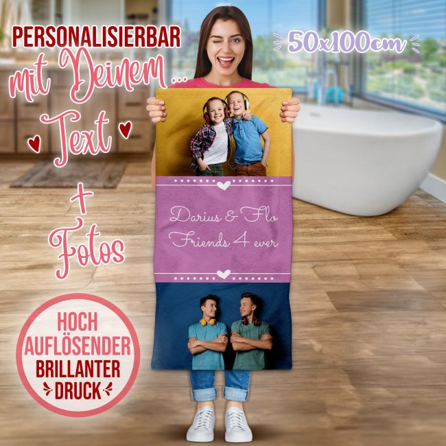 Handtuch bedrucken - Herz - mit 2 Fotos und Text - Hochformat, 100 x 50 cm, rosa