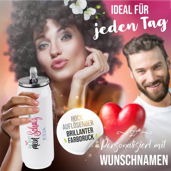 Personalisierte Trinkflasche mit Name - Mein Schatz - Edelstahl Cola-Dose Wei&szlig;, 420 ml