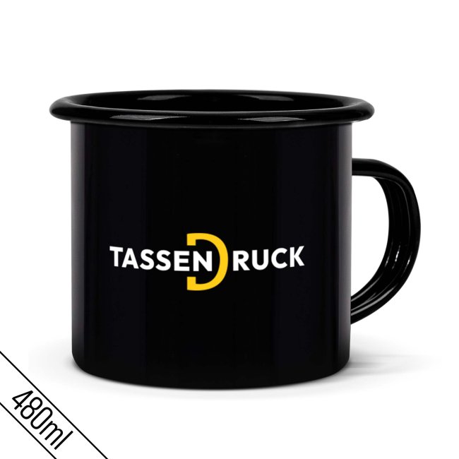 Schwarze Emaille-Tasse mit bedruckbarem Wei&szlig;feld - 480 ml