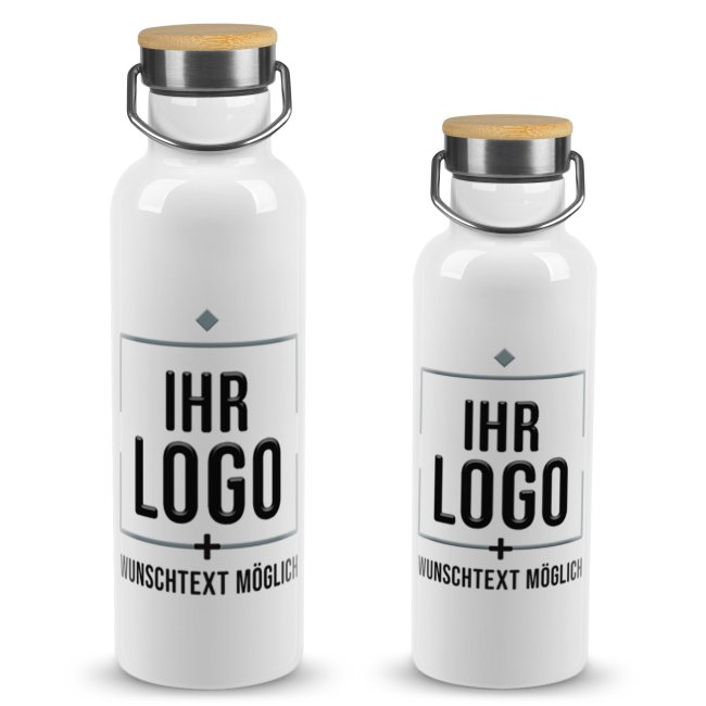 Trinkflasche aus Edelstahl - mit Logo und Text gestalten - Wei&szlig; mit Bambusdeckel - verschiedene Gr&ouml;&szlig;en