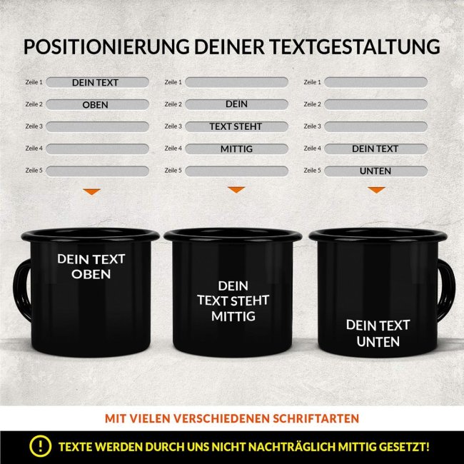 Schwarze Emaille-Tasse selbst gestalten - mit Wunschtext personalisieren - 480 ml