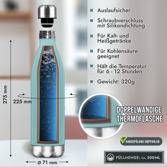 Edelstahl-Trinkflasche - mit Name selbst gestalten - Hellblau, 500 ml