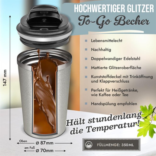 Glitzer-Edelstahlbecher mit Name selbst gestalten - 350 ml - Silber