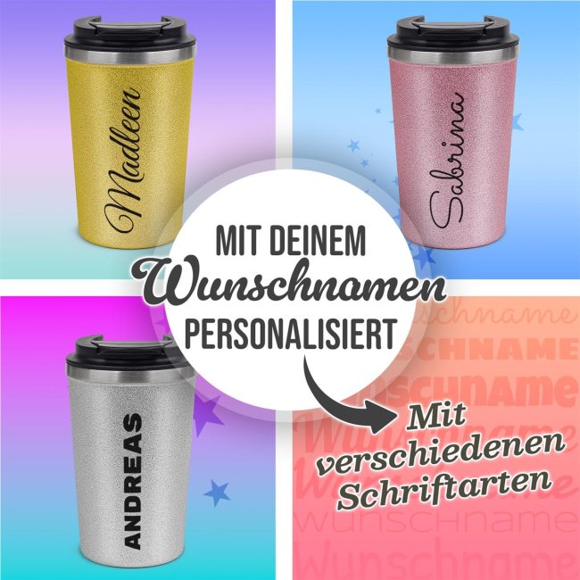 Glitzer-Edelstahlbecher mit Name selbst gestalten - 350 ml - Silber