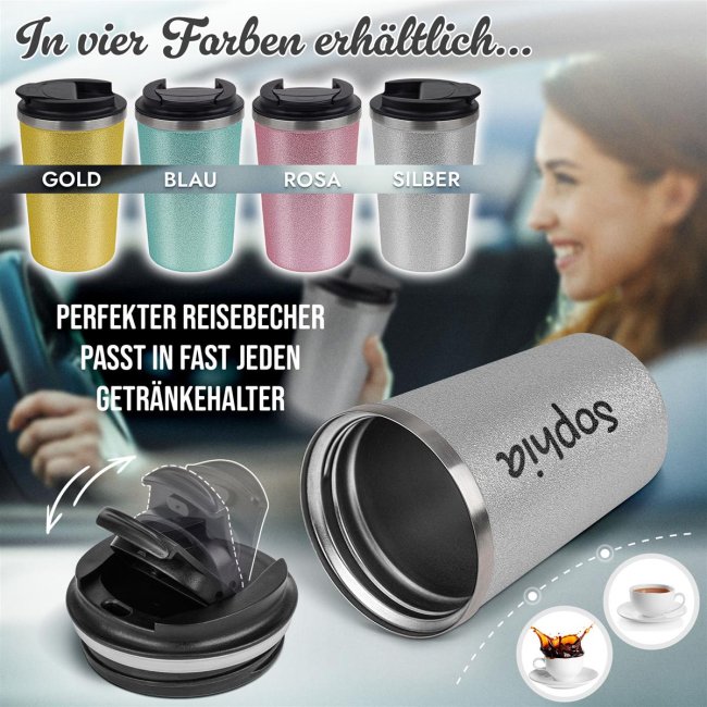 Glitzer-Edelstahlbecher mit Name selbst gestalten - 350 ml - Silber