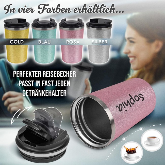 Glitzer-Edelstahlbecher mit Name selbst gestalten - 350 ml - Rosa
