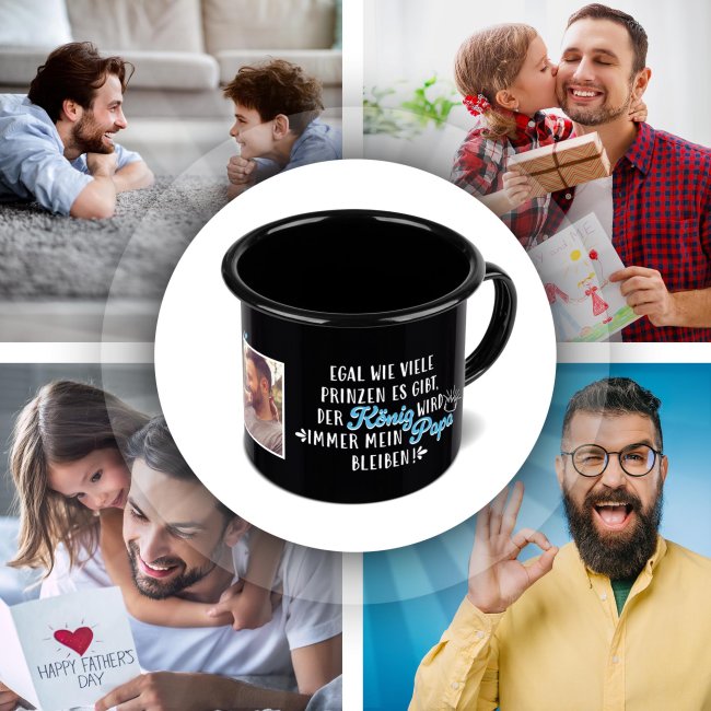 Emaille-Tasse schwarz mit Spruch - Papa ist mein K&ouml;nig - mit Foto - 300 ml