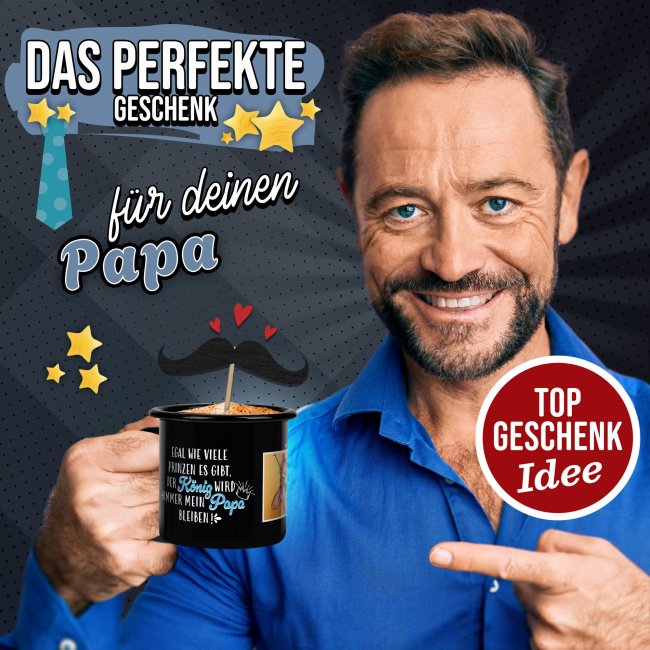 Emaille-Tasse schwarz mit Spruch - Papa ist mein K&ouml;nig - mit Foto - 300 ml