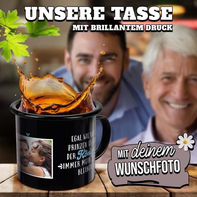 Emaille-Tasse schwarz mit Spruch - Papa ist mein K&ouml;nig - mit Foto - 300 ml