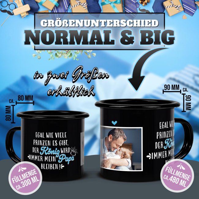Emaille-Tasse schwarz mit Spruch - Papa ist mein K&ouml;nig - mit Foto - 300 ml