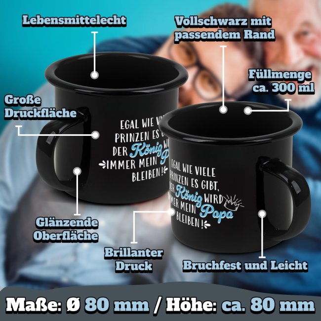 Emaille-Tasse schwarz mit Spruch - Papa ist mein K&ouml;nig - mit Foto - 300 ml