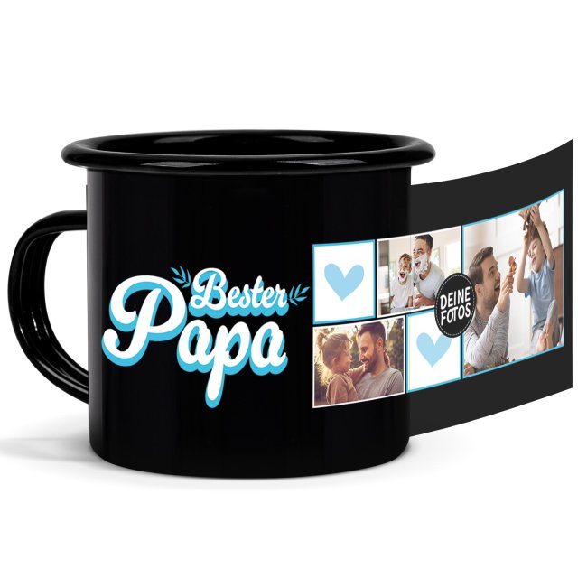 Emaille-Tasse schwarz - Bester Papa - mit drei Fotos