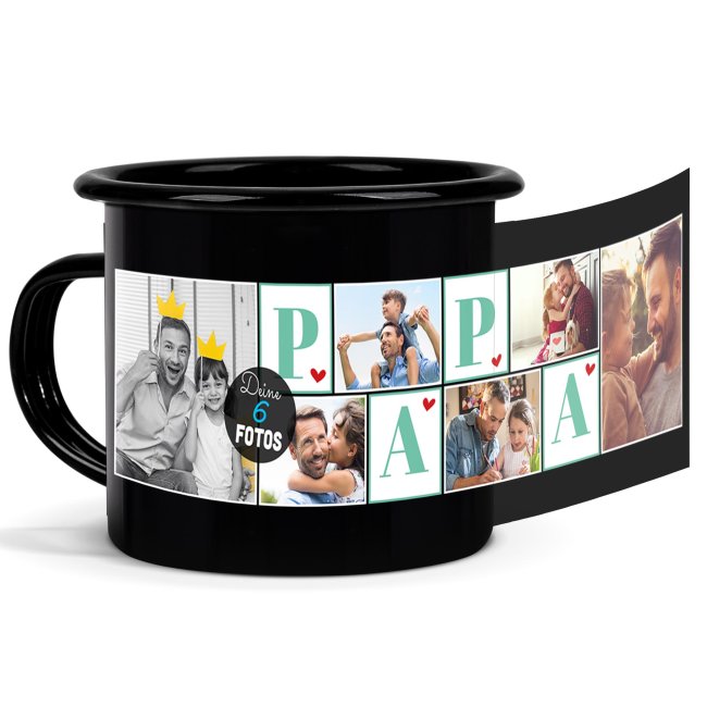 Emaille-Tasse schwarz - Papa - mit sechs Fotos bedruckt
