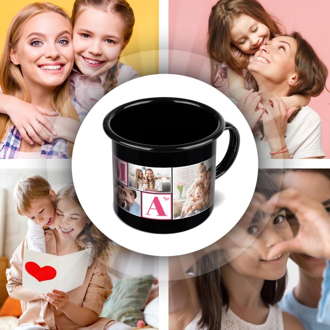 Emaille-Tasse schwarz - Mama - mit sechs Fotos bedruckt