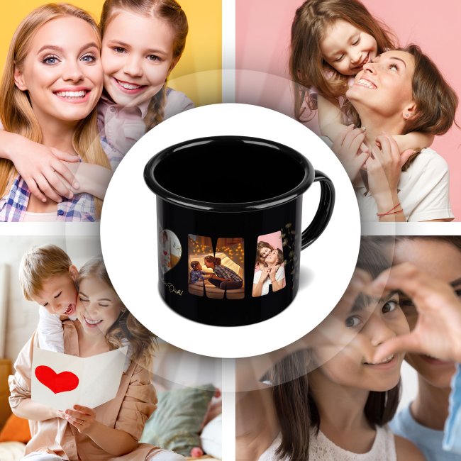Schwarze Tasse aus Emaille - Wir lieben dich, Mama - mit 5 Fotos