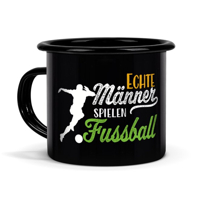 Schwarze Emaille-Tasse mit Spruch - Echte M&auml;nner spielen Fu&szlig;ball - 300 ml