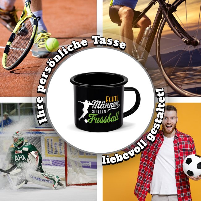 Schwarze Emaille-Tasse mit Spruch - Echte M&auml;nner spielen Fu&szlig;ball - 300 ml