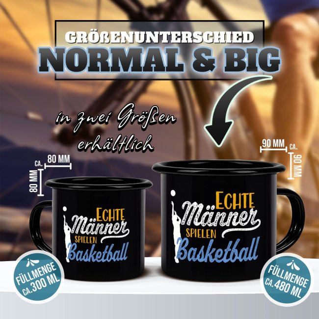 Schwarze Emaille-Tasse mit Spruch - Echte M&auml;nner spielen Basketball