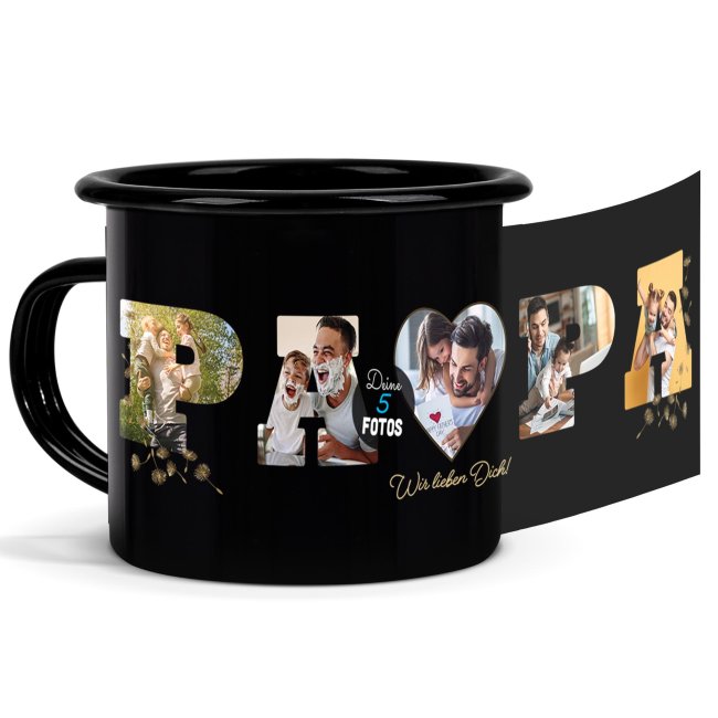 Emaille-Tasse schwarz - Papa - selbst gestalten mit Fotocollage f&uuml;r f&uuml;nf Fotos - 300 ml