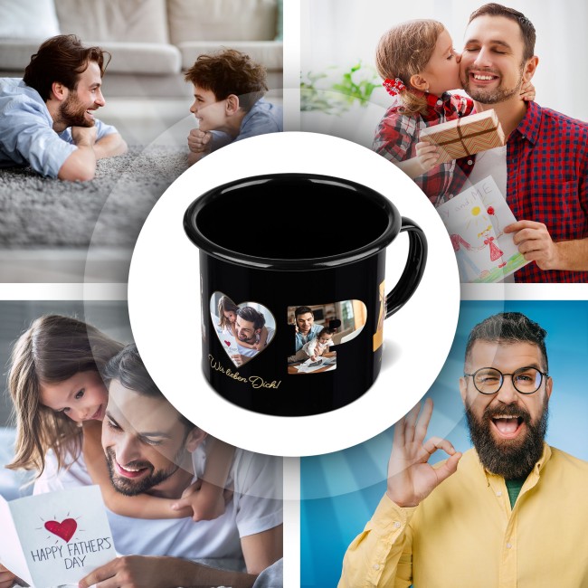 Emaille-Tasse schwarz - Papa - selbst gestalten mit Fotocollage f&uuml;r f&uuml;nf Fotos - 300 ml