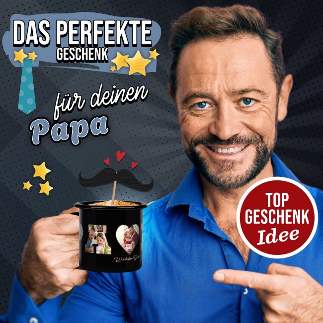 Emaille-Tasse schwarz - Papa - selbst gestalten mit Fotocollage f&uuml;r f&uuml;nf Fotos - 300 ml