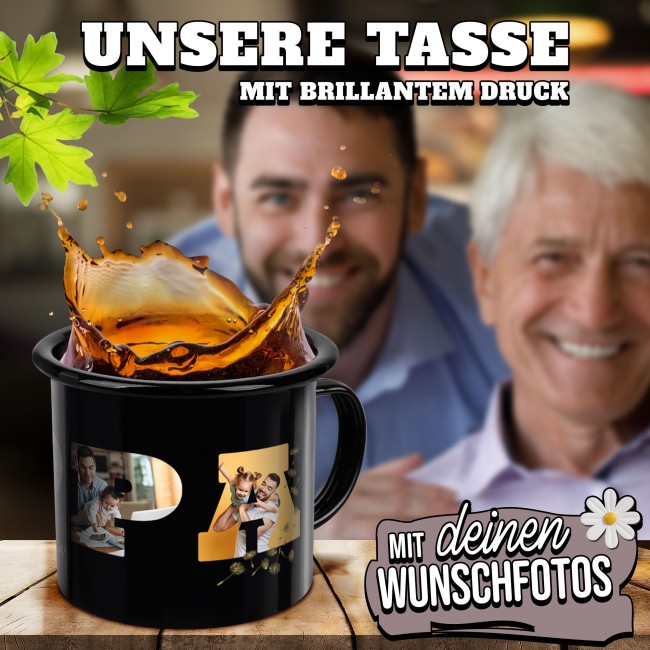 Emaille-Tasse schwarz - Papa - selbst gestalten mit Fotocollage f&uuml;r f&uuml;nf Fotos - 300 ml