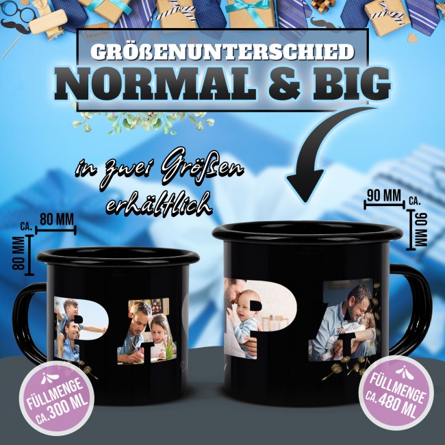 Emaille-Tasse schwarz - Papa - selbst gestalten mit Fotocollage f&uuml;r f&uuml;nf Fotos - 300 ml