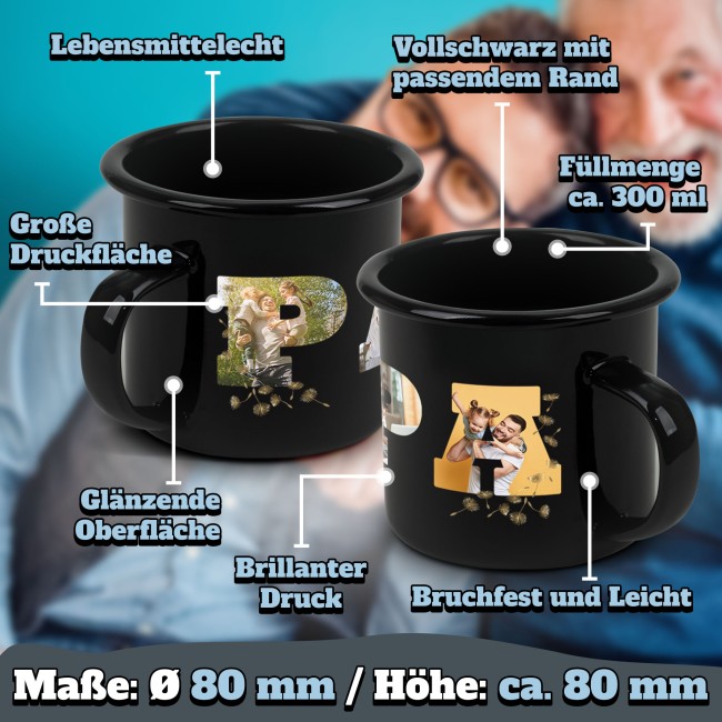 Emaille-Tasse schwarz - Papa - selbst gestalten mit Fotocollage f&uuml;r f&uuml;nf Fotos - 300 ml