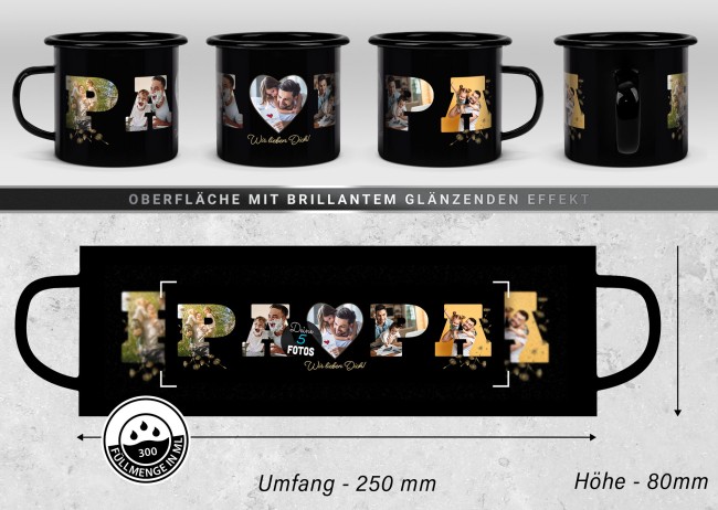 Emaille-Tasse schwarz - Papa - selbst gestalten mit Fotocollage f&uuml;r f&uuml;nf Fotos - 300 ml