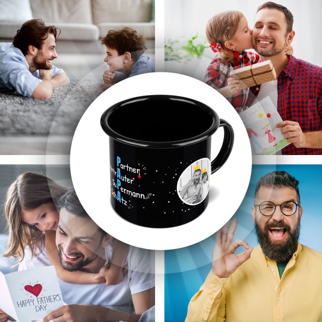 Emaille-Tasse schwarz - Definition Papa - selbst gestalten mit zwei Fotos
