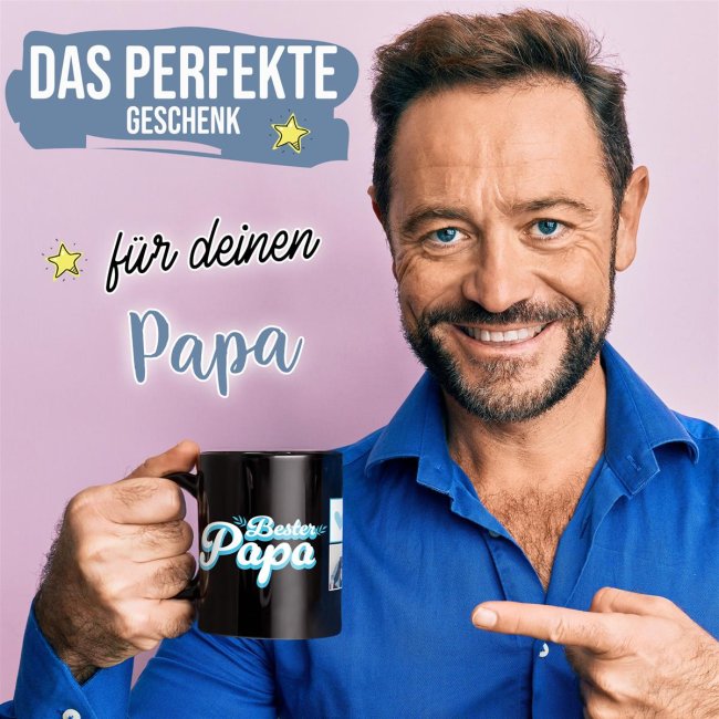 Schwarze Tasse - Bester Papa - mit drei Fotos gestalten