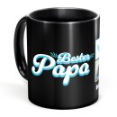 Schwarze Tasse - Bester Papa - mit drei Fotos gestalten