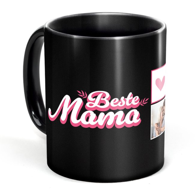 Tasse schwarz f&uuml;r die beste Mama - Fotocollage mit drei Fotos gestalten
