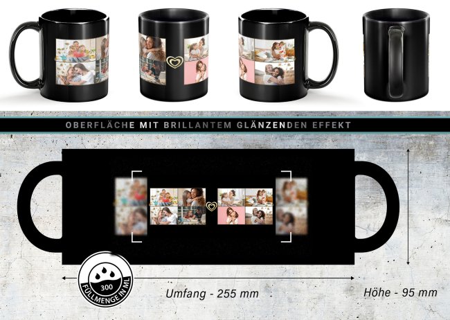 Schwarze Tasse - mit Fotocollage f&uuml;r acht Fotos selbst gestalten