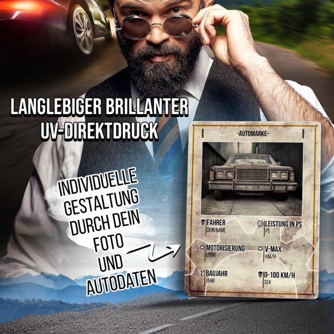 Personalisiertes Autoschild - Steckbrief mit Foto und Daten selbst gestalten