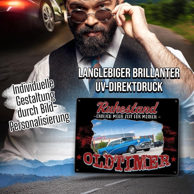 Autoschild - Ruhestand, mehr Zeit f&uuml;r den Oldtimer - mit Foto