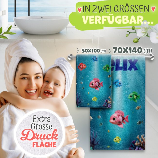Badetuch mit Name gestalten f&uuml;r Kinder - Fische - 140 x 70 cm