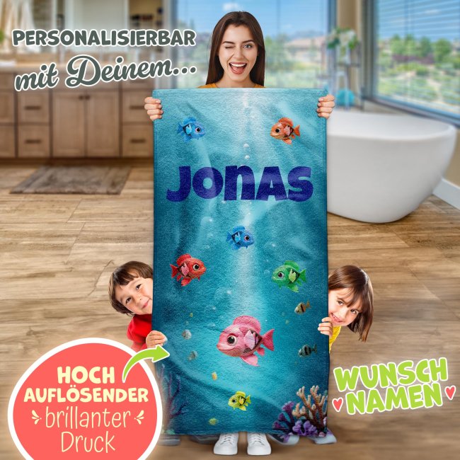Badetuch mit Name gestalten f&uuml;r Kinder - Fische - 140 x 70 cm