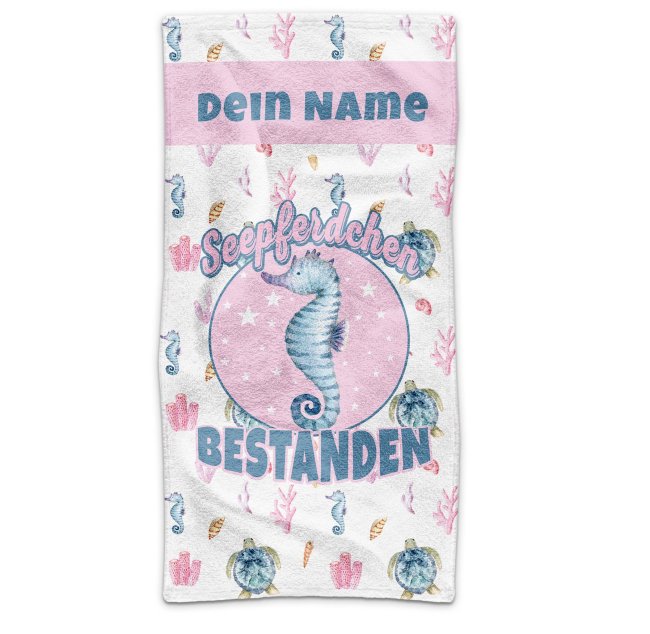 Handtuch f&uuml;r M&auml;dchen - Seepferdchen bestanden - mit Name - 100 x 50 cm