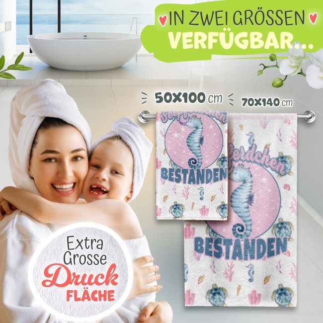 Handtuch f&uuml;r M&auml;dchen - Seepferdchen bestanden - mit Name - 100 x 50 cm