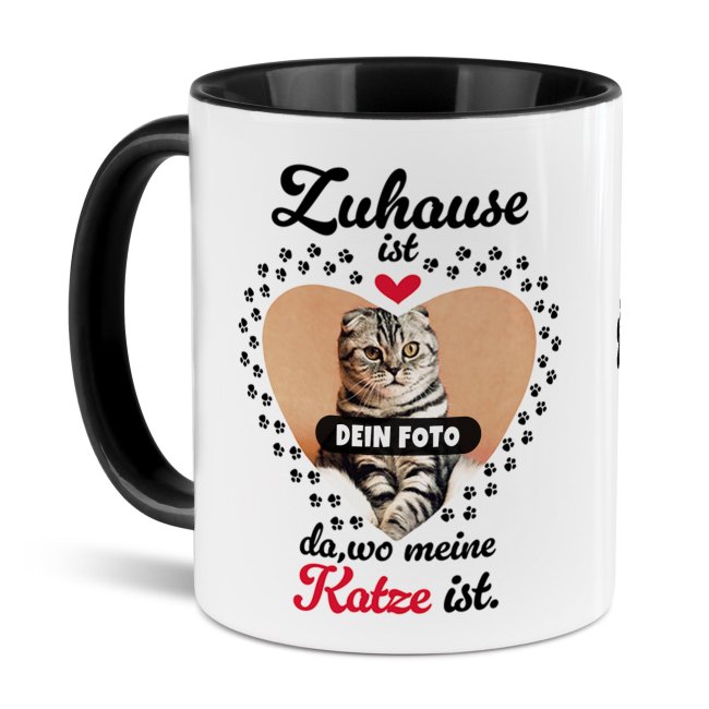 Katzen-Tasse mit Foto selbst gestalten - Zuhause ist da, wo meine Katze ist - Innen &amp; Henkel Schwarz