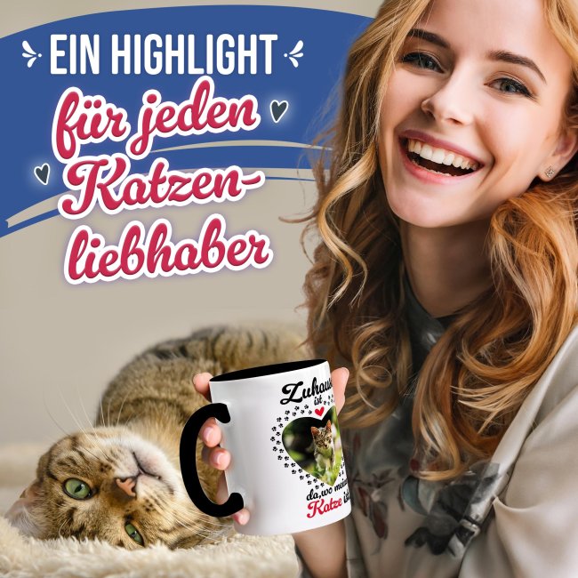 Katzen-Tasse mit Foto selbst gestalten - Zuhause ist da, wo meine Katze ist - Innen &amp; Henkel Schwarz