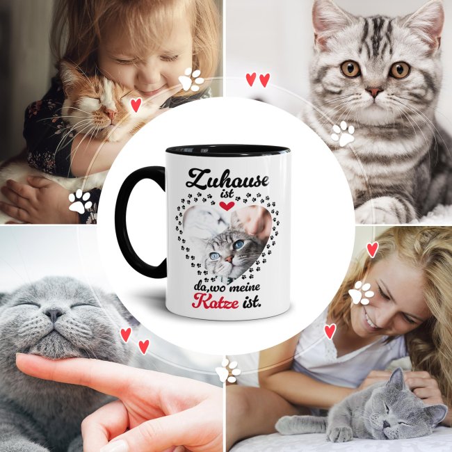 Katzen-Tasse mit Foto selbst gestalten - Zuhause ist da, wo meine Katze ist - Innen &amp; Henkel Schwarz