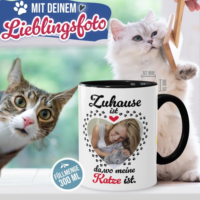 Katzen-Tasse mit Foto selbst gestalten - Zuhause ist da, wo meine Katze ist - Innen &amp; Henkel Schwarz
