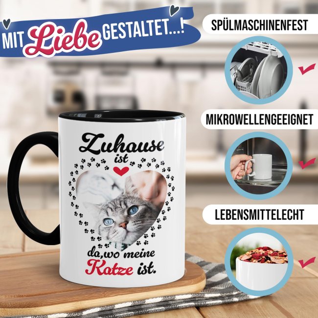 Katzen-Tasse mit Foto selbst gestalten - Zuhause ist da, wo meine Katze ist - Innen &amp; Henkel Schwarz